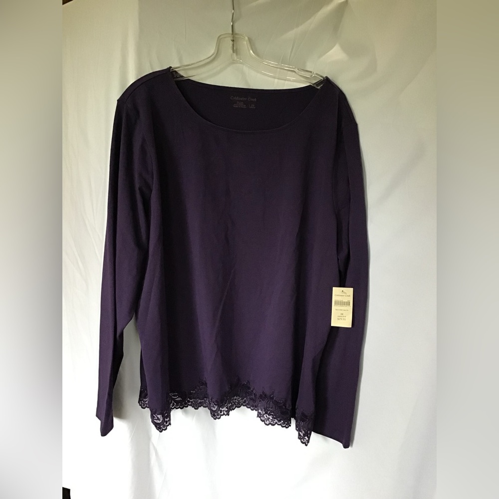 Plus Size Purple Long Sleeve Tee with Lace Trim